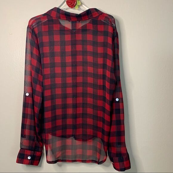 ABOUT A GIRL Los Angeles Women Plaid Checker Red-Black Prints Mesh Butto… - Picture 5 of 8